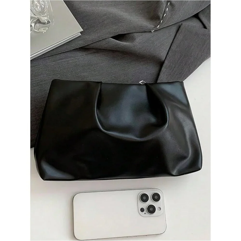 Women's Black PU Leather Small Zipper Ruched Minimalist Smooth Casual Handbag